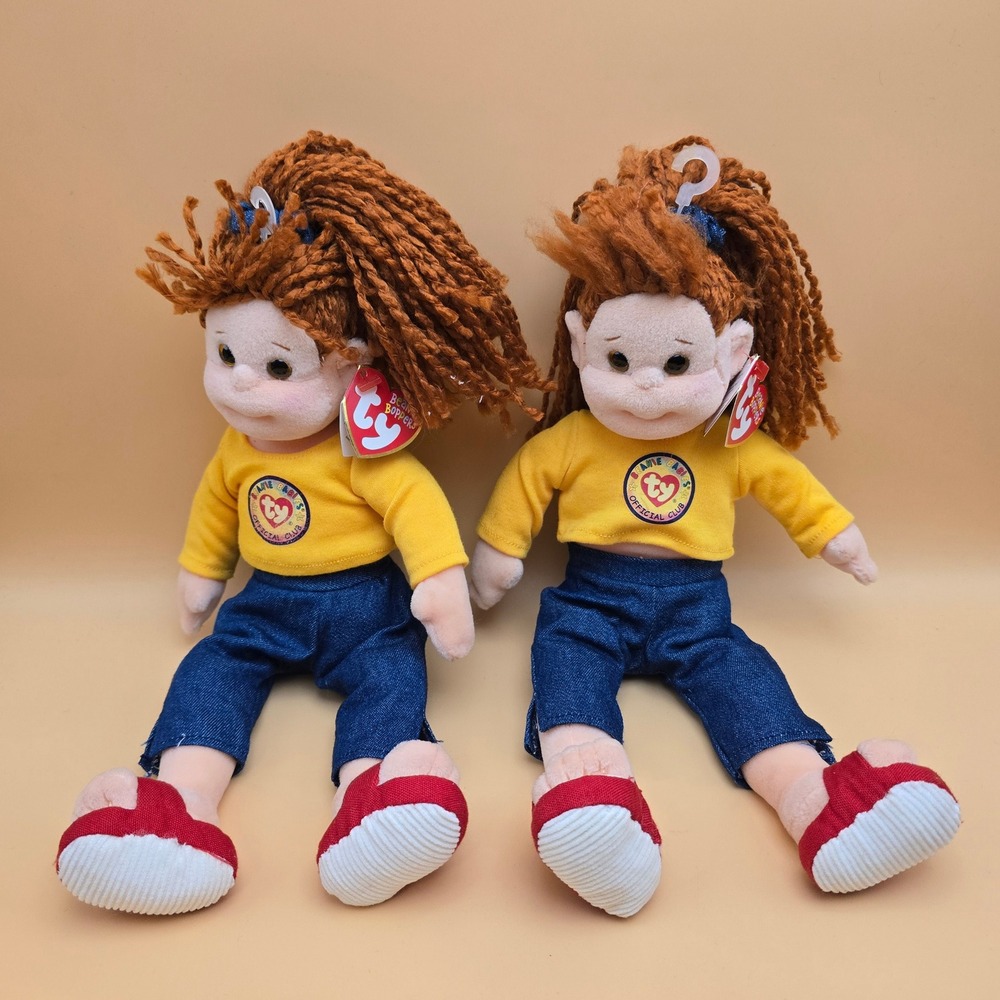 Ty Beanie Boppers Cuddly Crystal Plush Dolls Yellow Logo Shirt 2001 Set of 2